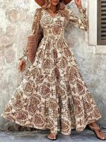 Kadın Uzun Kollu V Yakalı Desenli Süprem Elbise