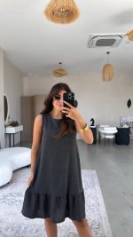 Kadın Bisiklet Yaka Eteği Volanlı Bürümcük Elbise - Görsel 3