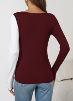 Kadın Uzun Kollu Geometrik Yaka Detaylı çift Renkli Viskon Bluz - Görsel 3