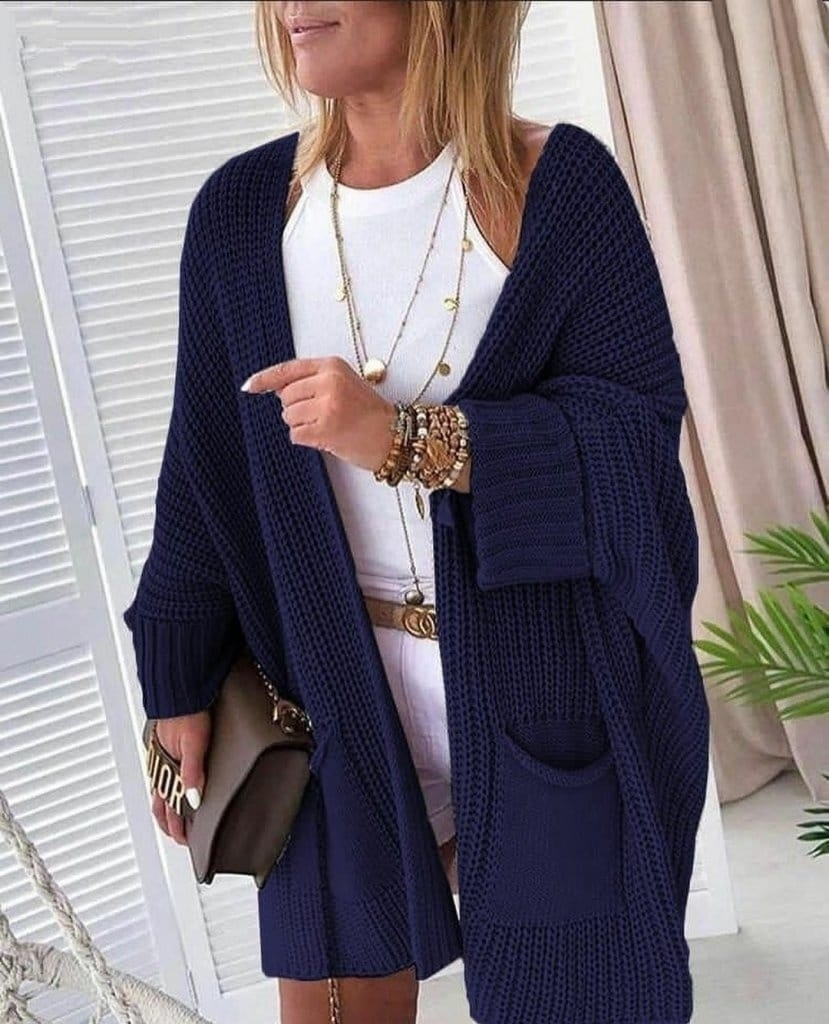 4e5432a3bc6643d0268a Oversize Kalıp Cepli Salaş Triko Hırka Laci - Görsel 1