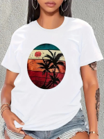 Kadın Kısa Kollu Palmiye Baskılı Viskon T-shirt - Görsel 2