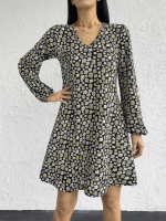 Kadın Uzun Kollu V Yaka çiçek Desenli Helen Kumaş Elbise - Görsel 3