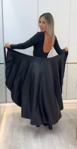 Kadın Belden Kuşaklı Uzun Deri Etek - Görsel 2