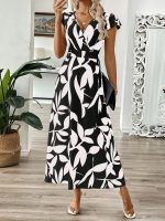 Kadın Kısa Kelebek Kollu Kruvaze Yaka Desenli Süprem Elbise - Görsel 3