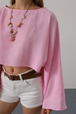 YARASA KOLLU CROP BLUZ - Pembe - Görsel 3