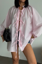 GÖMLEK POPLİN HAKİM YAKA ÖNDEN BAĞLAMA İP DETAYLI - Pembe - Görsel 2