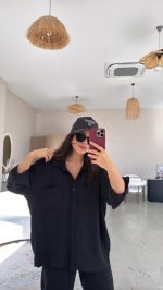 Kadın Flamlı Keten Tek Cep Oversızed Gömlek - Görsel 2