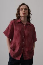 Yarım Balon Kol Çizgili Gömlek - Bordo - Görsel 3