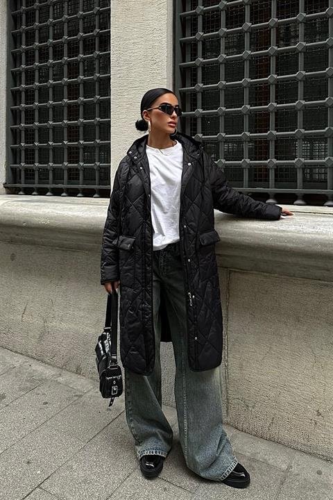 514de6923f466aa332ca Fermuar Ve Kapşonlu Uzun Kapitone Mont 7062 - Görsel 1