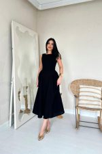 Siyah Yanları Büzgülü Midi Boy Keten Elbise - Görsel 2