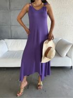 Kadın çan Dokuma Kumaş V Yaka Asimetrik Kesim Elbise - Görsel 3