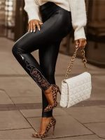 Kadın Yüksek Bel Yandan Yırtmaçlı Dantel Detaylı Deri Tayt - Görsel 3