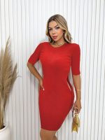Kadın Kırmızı Kısa Kol Bel Detay Kaşkorse Elbise - Görsel 3