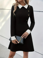 Kadın Uzun Kollu Yakalı A Kesim Kısa Ithal Krep Elbise - Görsel 2