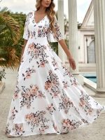 Kadın Kısa Kollu V Yakalı çiçek Desenli Süprem Elbise - Görsel 3