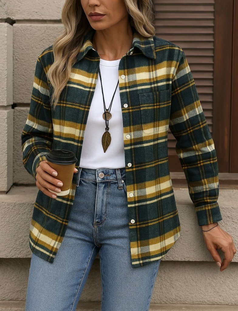 53a433844967b7d71aa4 Kadın Uzun Kollu Kare Desenli önden Düğmeli Dokuma Gömlek - Görsel 1