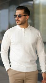 Erkek Düğmeli Yaka çizgi Dokulu Uzun Kollu Triko