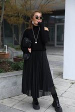 Kadın Triko Plise Ve Tül Detay Iki Parça Elbise - Görsel 3