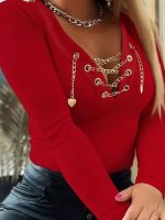 Kadın Uzun Kollu V çapraz Zincir Detaylı Kaşkorse Bluz