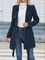 Kadın Uzun Kollu Boyundan Düğmeli Fermuarlı Beli Kuşaklı Süet Ceket - Görsel 3