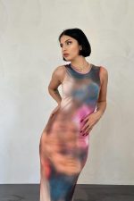 Bej Batik Desenli Elbise - Görsel 2