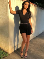 Kadın Kısa Kollu önü Fermuarlı Bodycon Dalgıç Tulum - Görsel 3