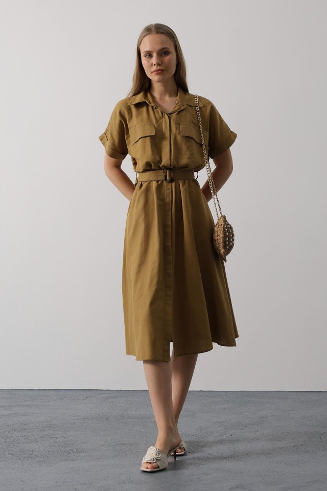 54faf1de430e4ea22141 Kuşaklı Cep Detaylı Yarım Kol Elbise - Yağ Yeşili - Görsel 1