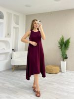 Kadın Askılı Yuvarlak Yakalı Asimetrik Kesim Detaylı Viskon Elbise - Görsel 2