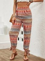 Kadın Yüksek Belli Yanlardan Yırtmaç Detaylı Desenli Bürümcük Pantolon - Görsel 3