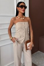 Straplez Büstiyerli Plazzo Pantolonlu Çizgili Takım 10151 - Görsel 2