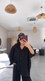 Kadın Flamlı Keten Tek Cep Oversızed Gömlek - Görsel 3