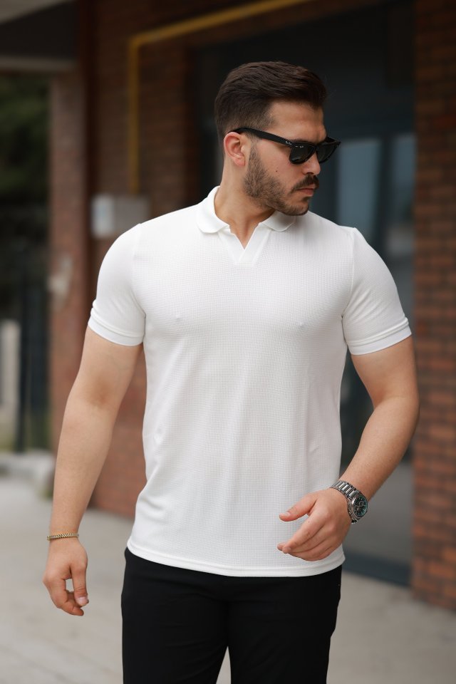 55ed905721ab71f0c487a94a52a14c9a Erkek Yakalı Waffle Dokulu Kısa Kollu Tişört - Görsel 1