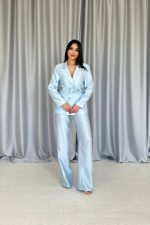 Mavi Beli Kuşaklı Ceket Ve Pantolon Parlak Takım - Görsel 2