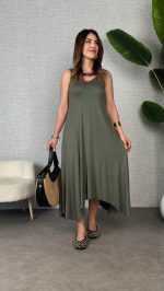 Kadın çan Dokuma Kumaş V Yaka Asimetrik Kesim Elbise - Görsel 3