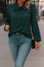 Kadın Uzun Kollu Yakadan Fiyonklu Incili Ithal Krep Bluz - Görsel 2