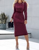 Kadın Uzun Kollu Bisiklet Yaka Taşlı Midi Kadife Elbise - Görsel 3