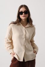 Müslin Uzun Kol Gömlek - Bej - Görsel 2