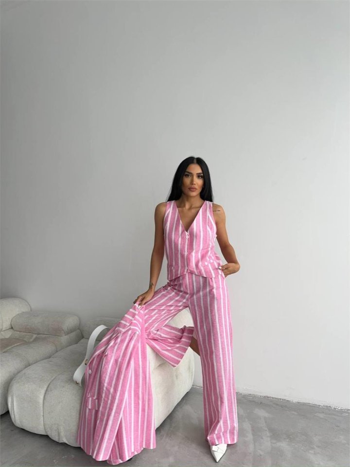 57629610f38c5dadfc39 ÇİZGİLİ KETEN YELEK-PANTOLON TAKIM - Pembe - Görsel 1