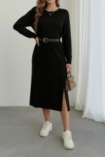 Kadın Uzun Kollu Bisiklet Yaka Yandan Yırtmaçlı Midi Triko Elbise