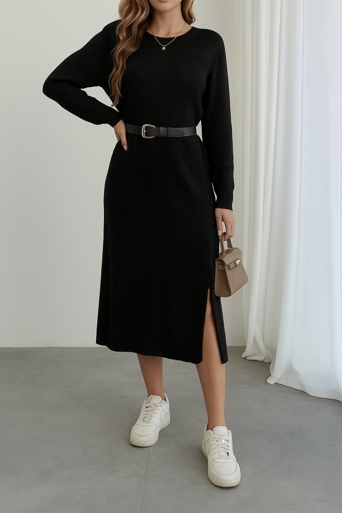 57778e90e00900298528 Kadın Uzun Kollu Bisiklet Yaka Yandan Yırtmaçlı Midi Triko Elbise - Görsel 1