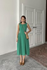 Yeşil Yanları Büzgülü Midi Boy Keten Elbise - Görsel 2