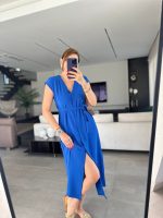 Kadınn V Yaka Düğme Detay Kuşak Dahil Elbise - Görsel 3