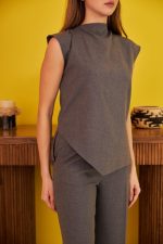 Gri Sıfır Kol Düğmeli Gömlek Takım - Görsel 3