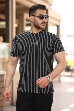 Erkek Dikey çizgili Ottoman Kumaş Kısa Kollu T-shirt