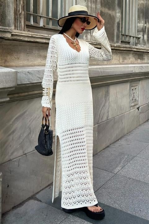 59715dc025754b9910af Ajur Detaylı İspanyol Kol Elbise 2840 - Görsel 1