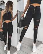 Kadın 5 Düğmeli V Detay Bel Yırtık Kot - Görsel 3