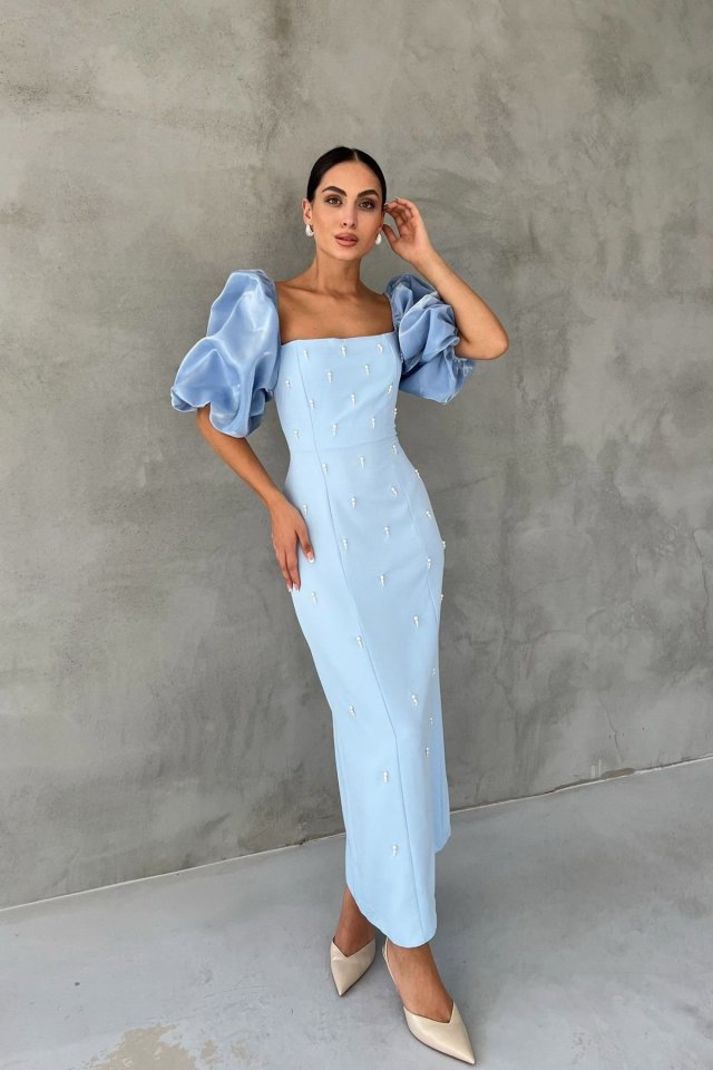 5b0eeeaa7a24f6bc542a691999131faa Bebe Mavi İşlemeli Kolu Garnili Elbise - Görsel 1