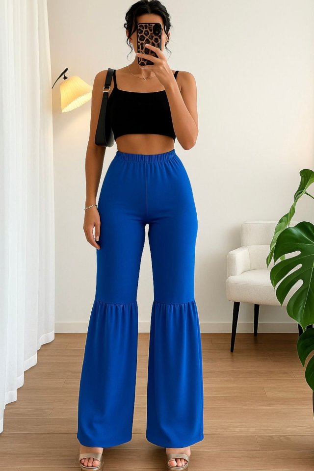 5bce6fba8d7dce44d3d9486540c1867e Kadın Yüksek Bel Parça Detay Bol Paça Pantolon - Görsel 1