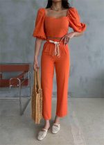 KETEN CROP KARPUZ KOL BLUZ-PANTOLON HASIR KEMERLİ - Orange - Görsel 3