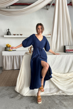 V YAKA BEL BONCUK BAĞLAMALI MÜSLİN ELBİSE YIRTMAÇ DETAYLI - Lacivert - Görsel 3